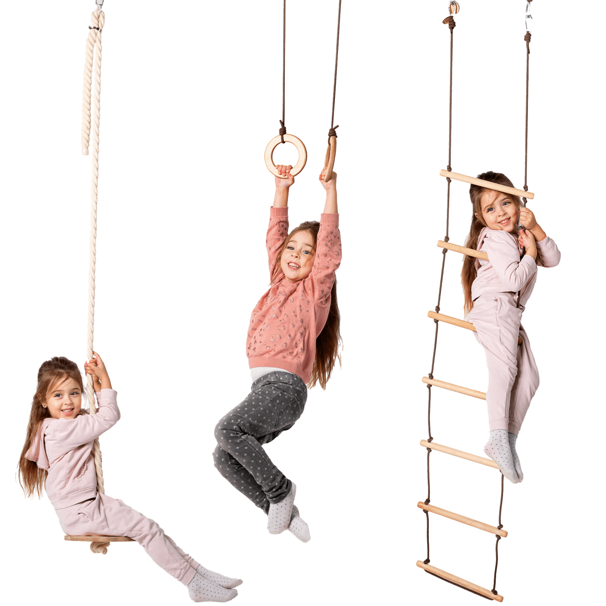 Ensemble de balançoires 3 en 1 : échelle de corde + anneaux de gymnastique + balançoire en corde à disque