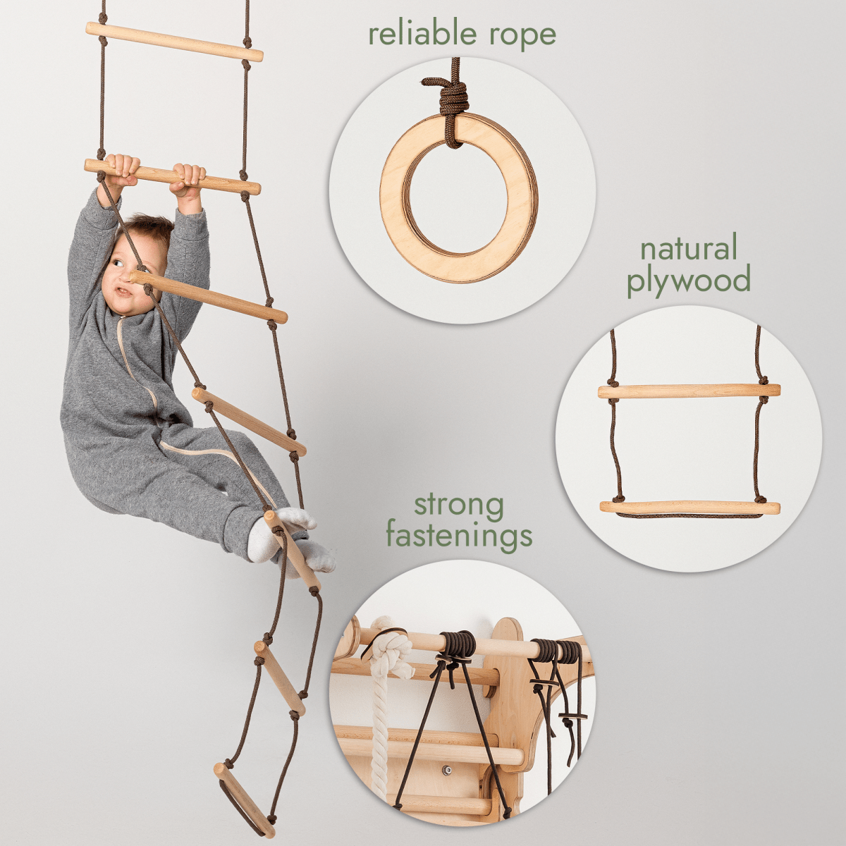 Ensemble de balançoires 3 en 1 : échelle de corde + anneaux de gymnastique + balançoire en corde à disque