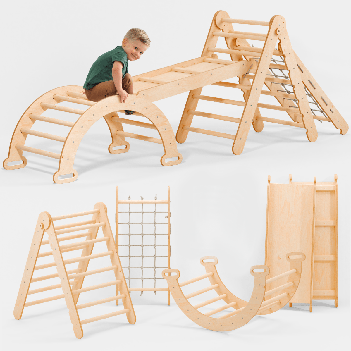 Ensemble de cadres d'escalade Montessori 4 en 1 : échelle triangulaire + arc/bascule + planche coulissante/rampe + corde de filet