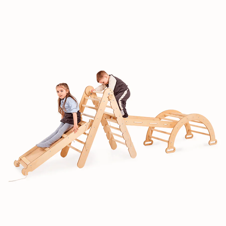 Ensemble de cadres d'escalade Montessori 4 en 1 : échelle triangulaire + arc/bascule + planche coulissante/rampe + corde de filet