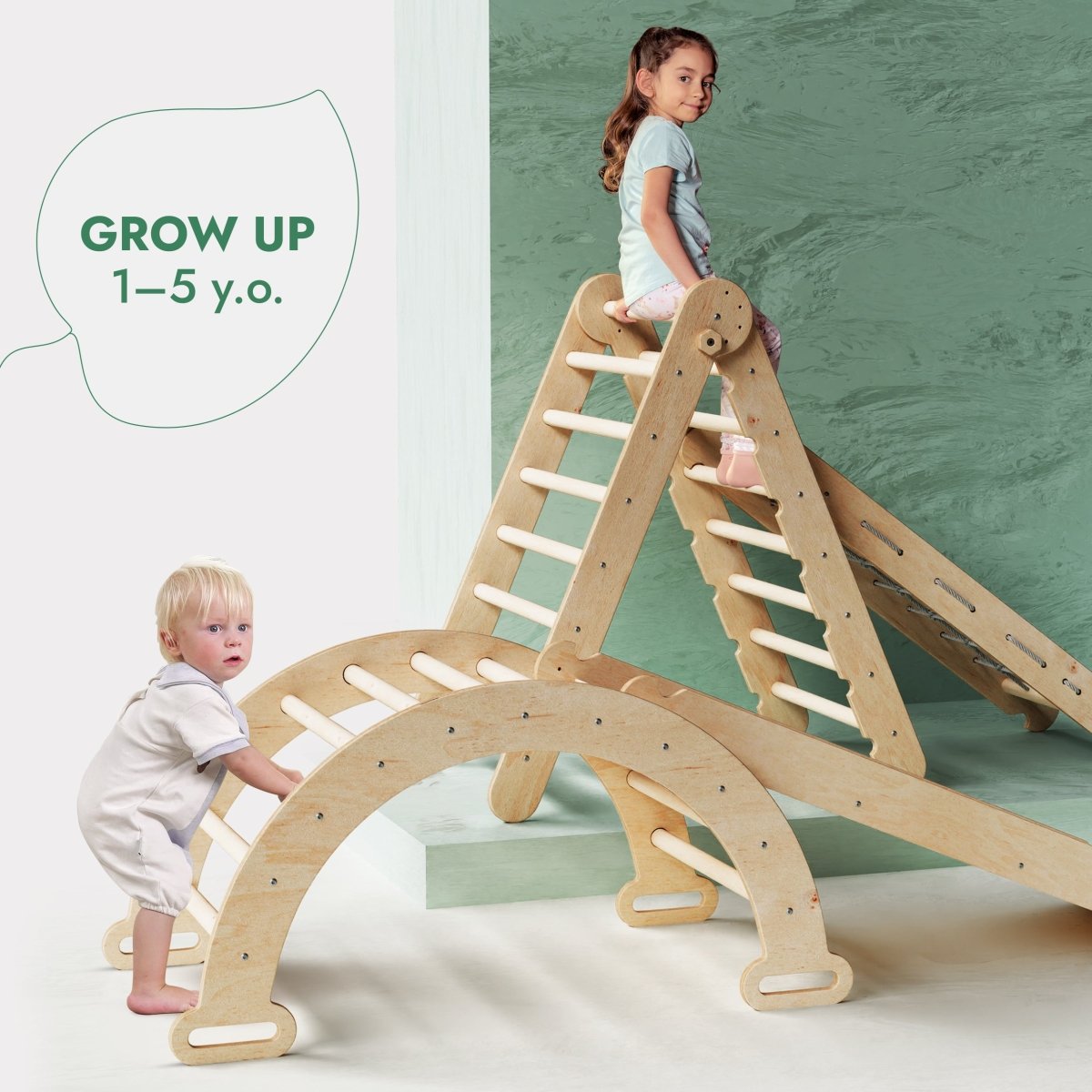 Ensemble de cadres d'escalade Montessori 4 en 1 : échelle triangulaire + arc/bascule + planche coulissante/rampe + corde de filet