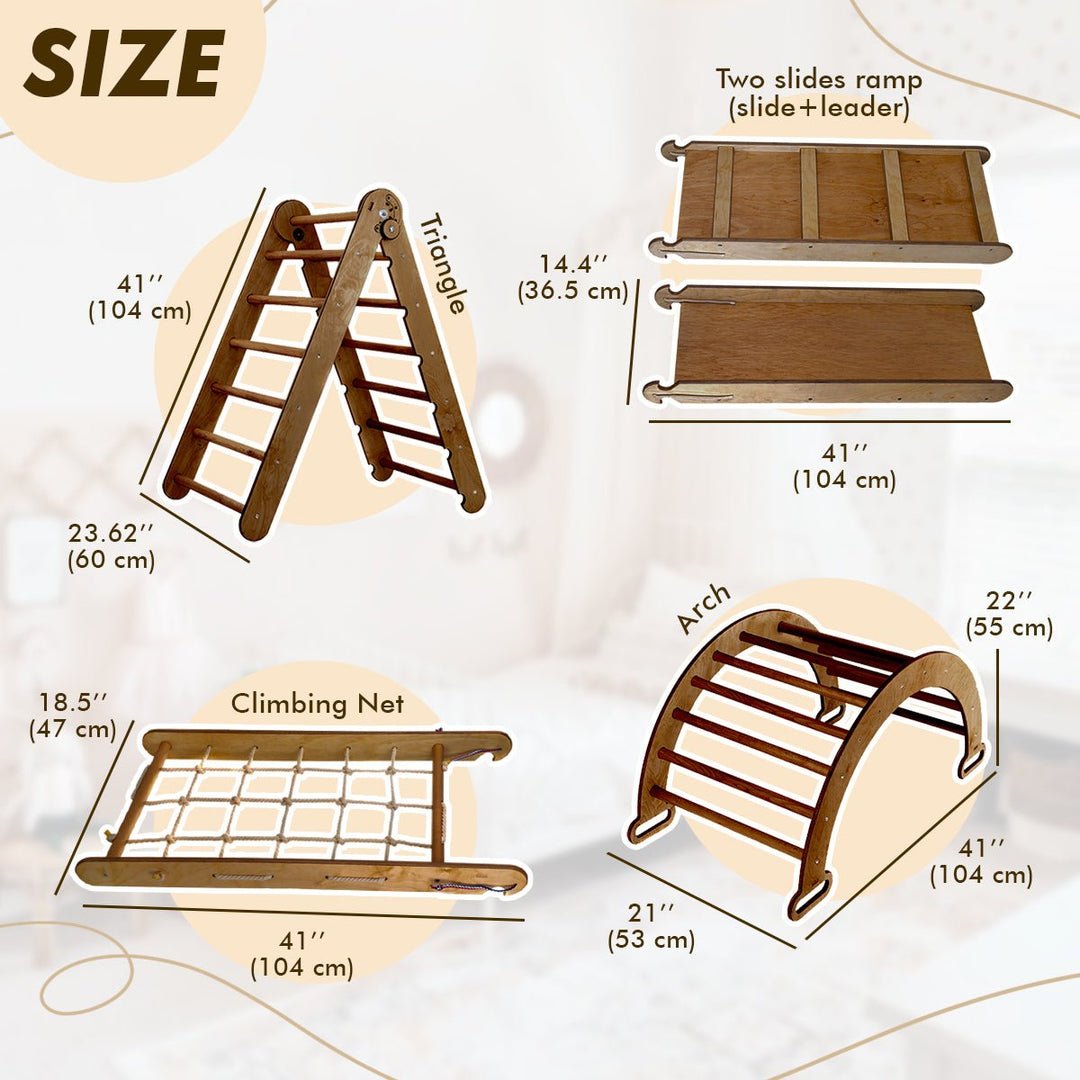 Ensemble d'escalade Montessori 4 en 1 : Échelle triangulaire + Arche/Bascule + Planche toboggan/Rampe + Filet – Chocolat