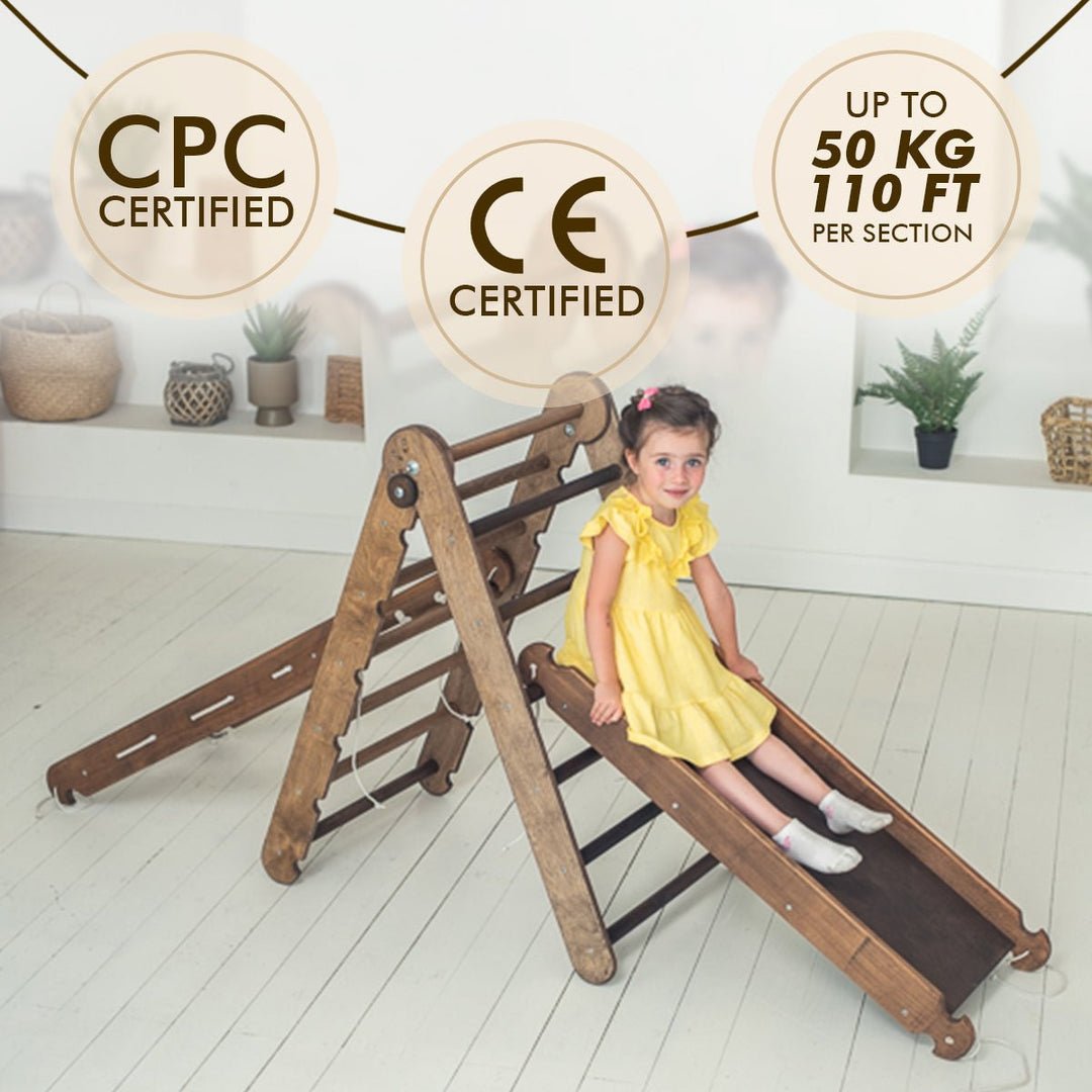 Ensemble d'escalade Montessori 4 en 1 : Échelle triangulaire + Arche/Bascule + Planche toboggan/Rampe + Filet – Chocolat
