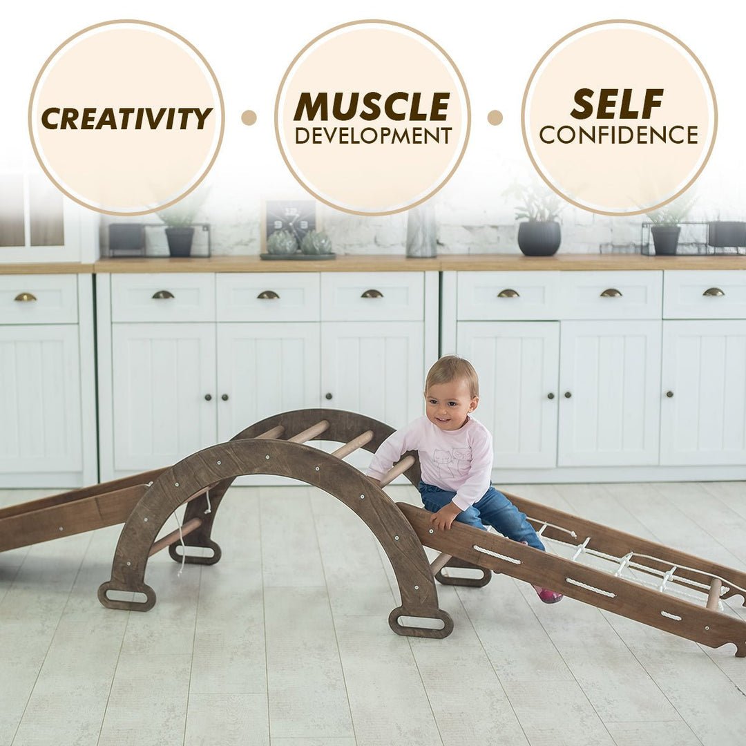 Ensemble d'escalade Montessori 4 en 1 : Échelle triangulaire + Arche/Bascule + Planche toboggan/Rampe + Filet – Chocolat