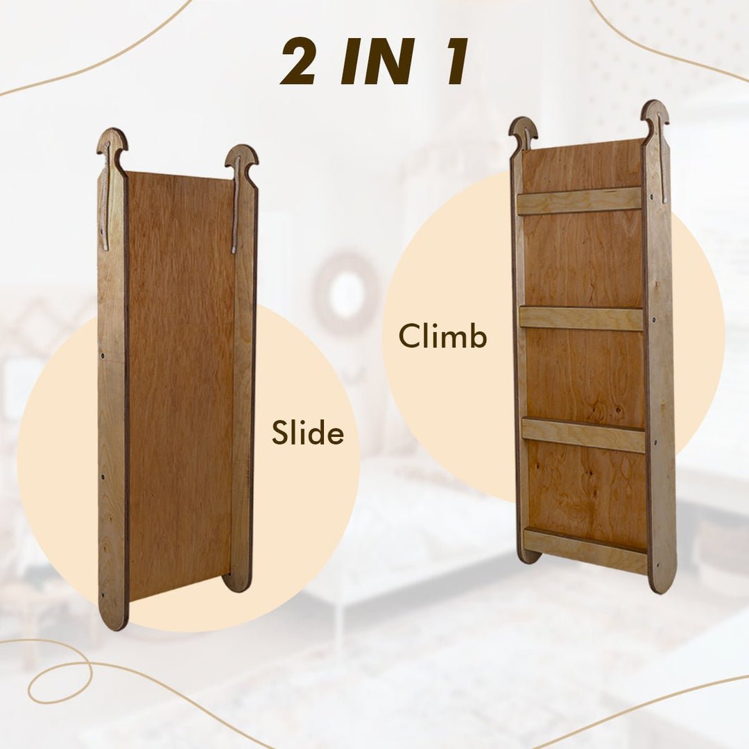 Ensemble d'escalade Montessori 4 en 1 : Échelle triangulaire + Arche/Bascule + Planche toboggan/Rampe + Filet – Chocolat