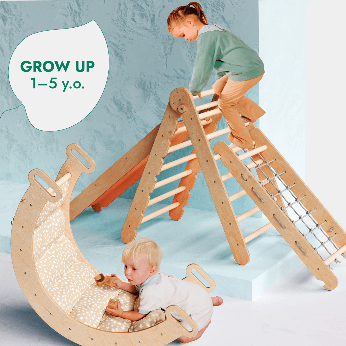 Ensemble de structure d'escalade Montessori 5 en 1 : échelle triangulaire + arche/bascule + planche/rampe coulissante + corde filet + coussin