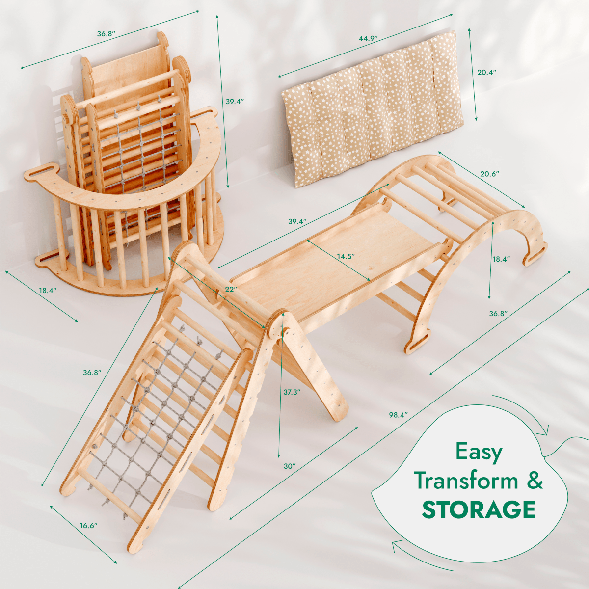 Ensemble de structure d'escalade Montessori 5 en 1 : échelle triangulaire + arche/bascule + planche/rampe coulissante + corde filet + coussin