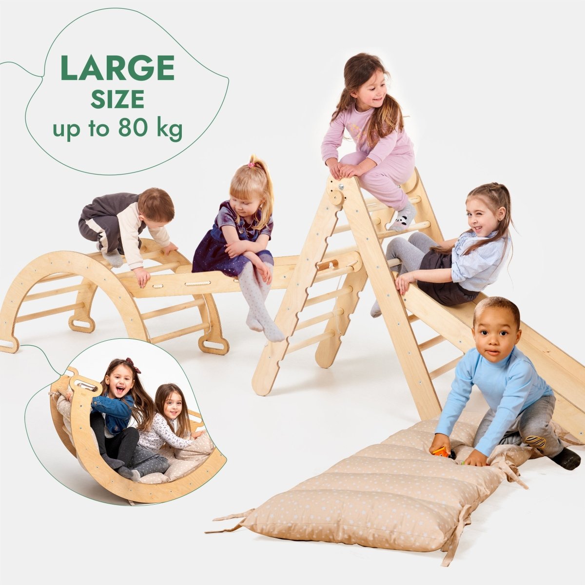 Ensemble de structure d'escalade Montessori 5 en 1 : échelle triangulaire + arche/bascule + planche/rampe coulissante + corde filet + coussin