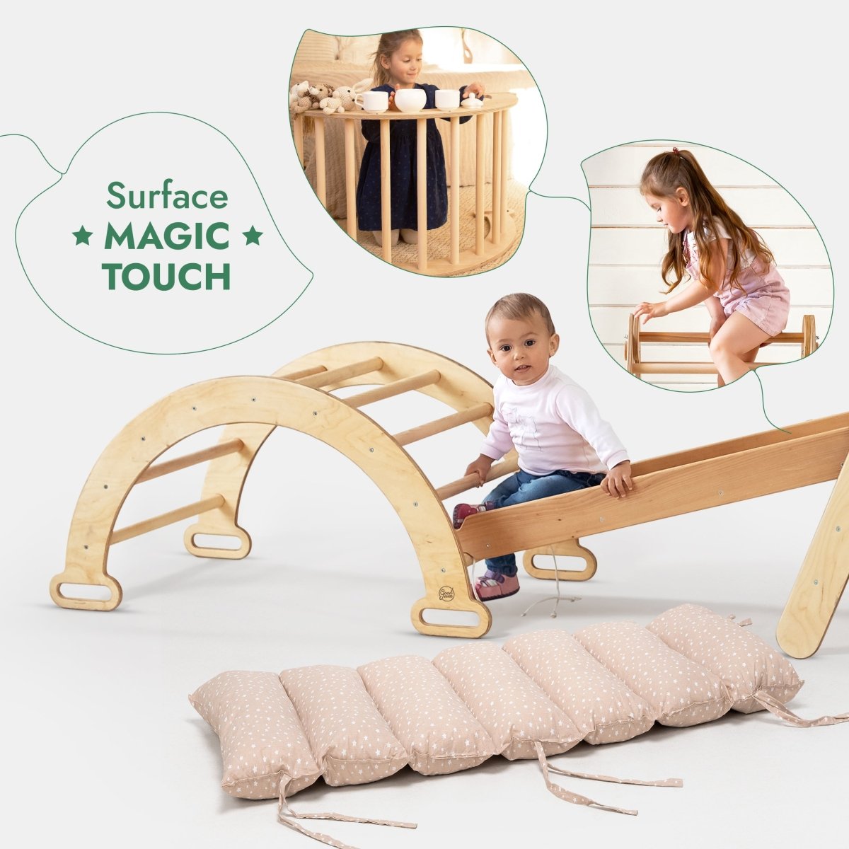 Ensemble de structure d'escalade Montessori 5 en 1 : échelle triangulaire + arche/bascule + planche/rampe coulissante + corde filet + coussin