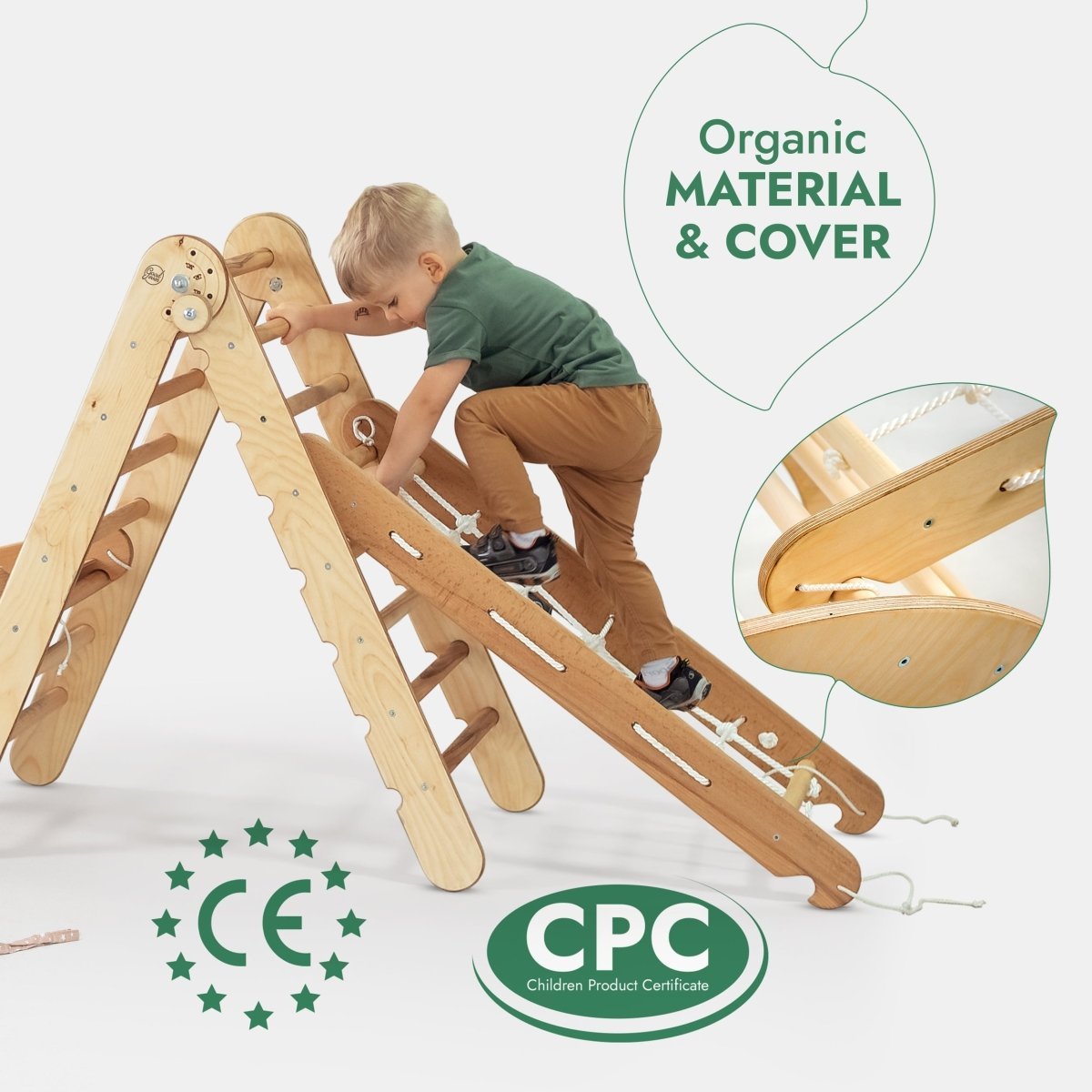 Ensemble de structure d'escalade Montessori 5 en 1 : échelle triangulaire + arche/bascule + planche/rampe coulissante + corde filet + coussin