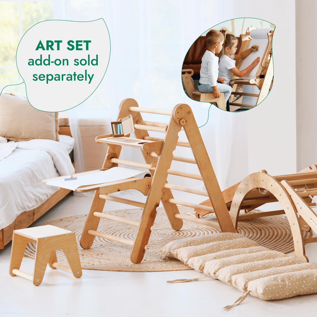 Ensemble de structure d'escalade Montessori 5 en 1 : échelle triangulaire + arche/bascule + planche/rampe coulissante + corde filet + coussin