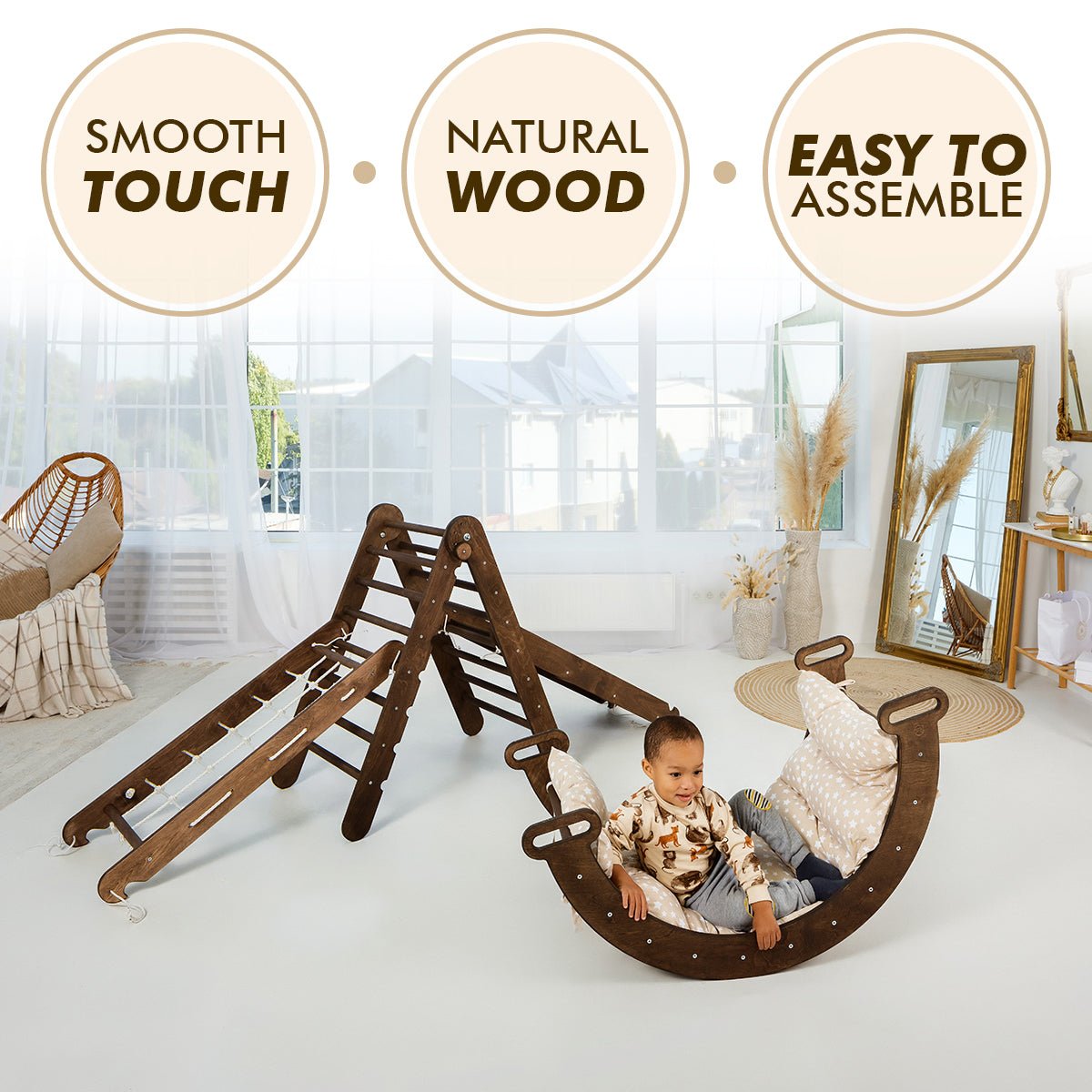 Ensemble d'escalade Montessori 5 en 1 : échelle triangulaire + arche/bascule + planche/rampe coulissante + filet + coussin – Chocolat