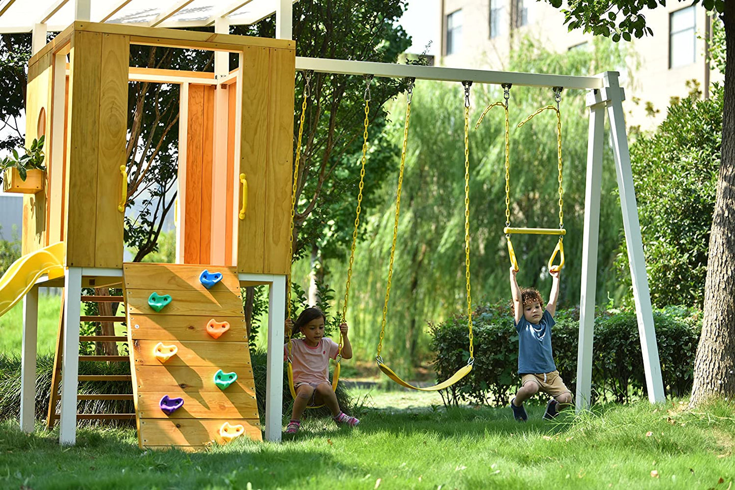 Forest - Modern Backyard Outdoor Swing Set 2 Swings And Trapeze Bar by Avenlur
