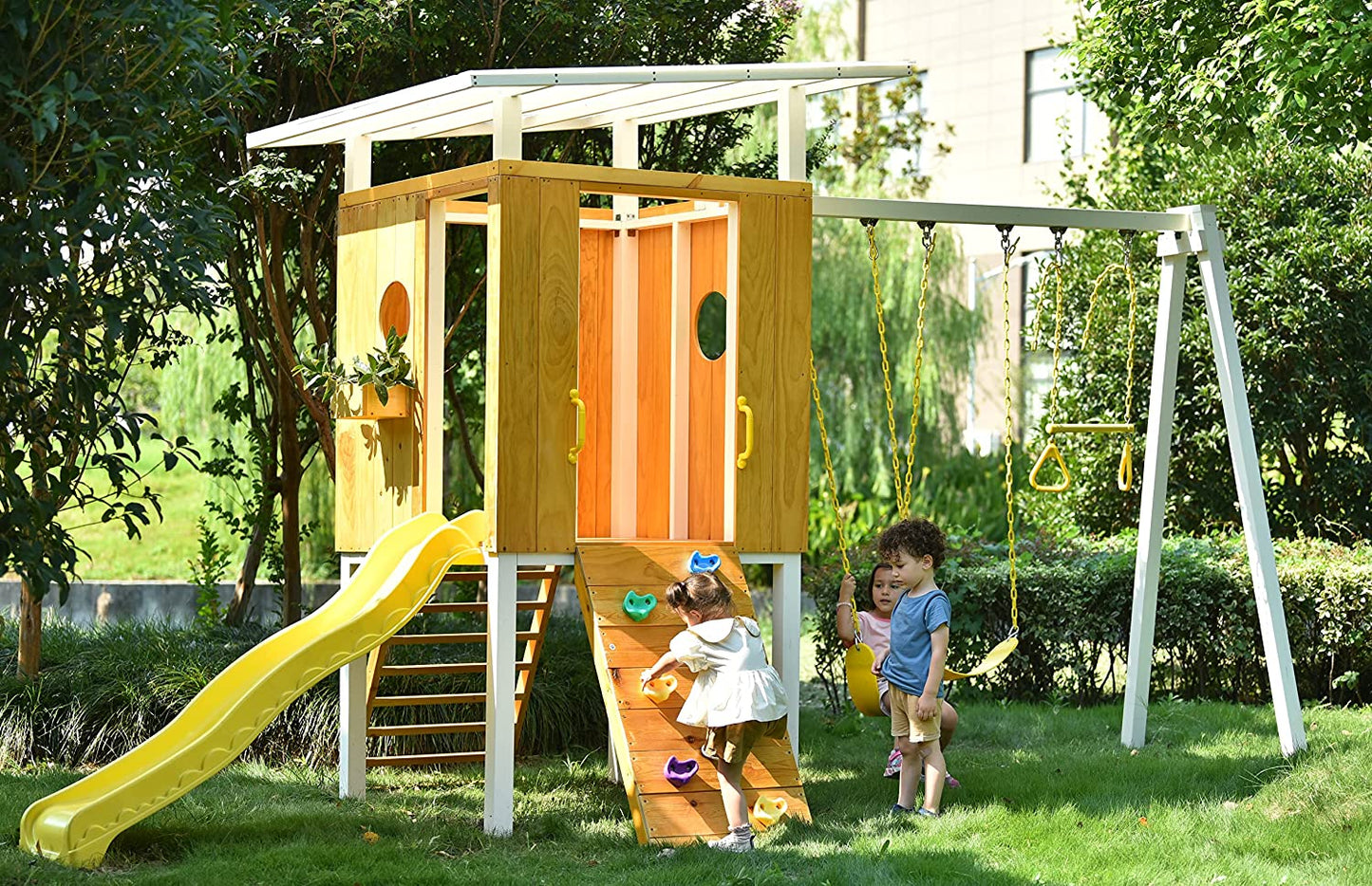 Forest - Modern Backyard Outdoor Swing Set 2 Swings And Trapeze Bar by Avenlur