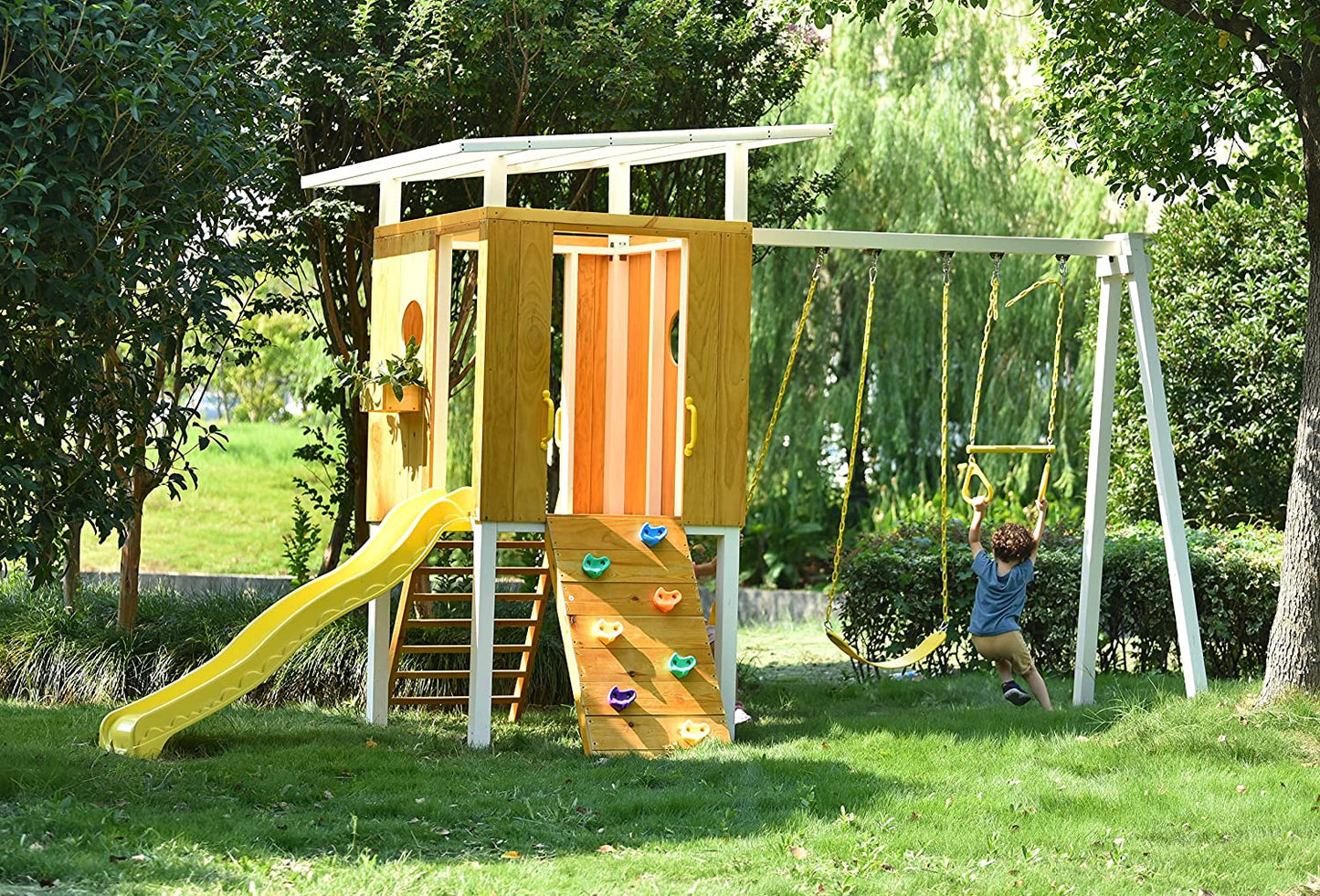 Forest - Modern Backyard Outdoor Swing Set 2 Swings And Trapeze Bar by Avenlur