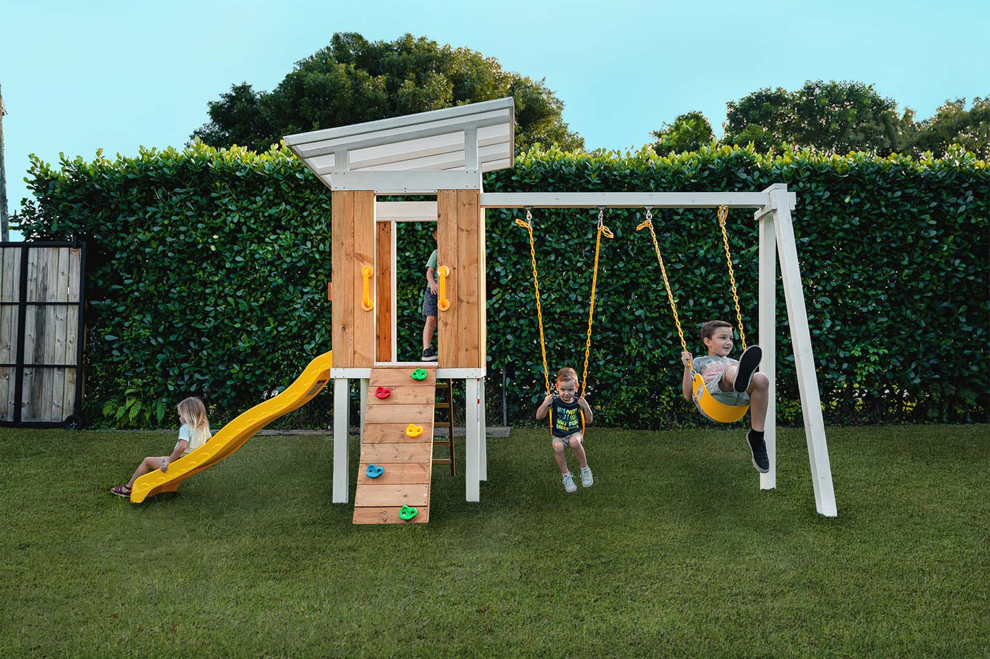 Forest - Modern Backyard Outdoor Swing Set 2 Swings And Trapeze Bar by Avenlur