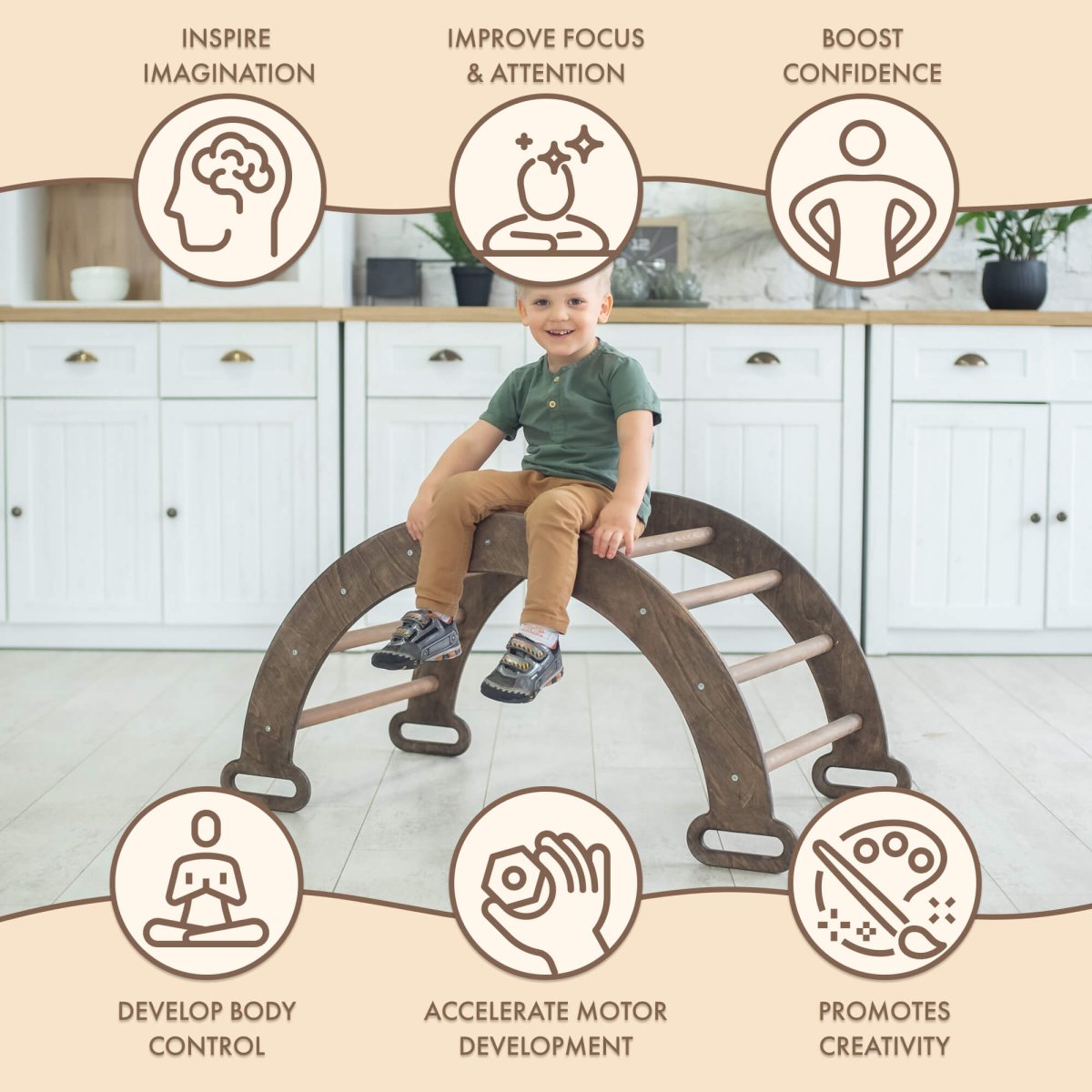 Arche d'escalade et balance à bascule - Grimpeurs Montessori pour enfants 1-7 ans – Chocolat