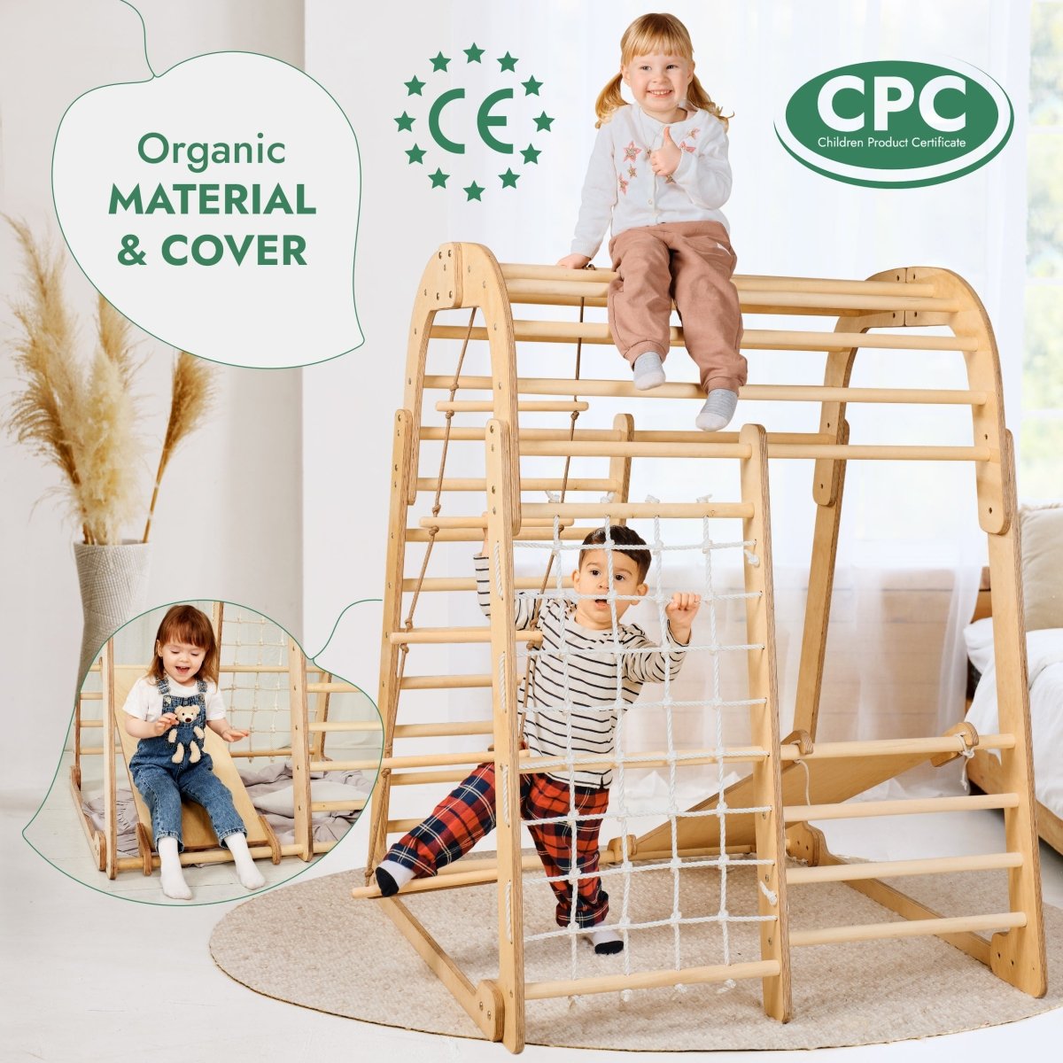Aire de jeux intérieure en bois pour enfants - Aire de jeux 6 en 1 + balançoires + toboggan