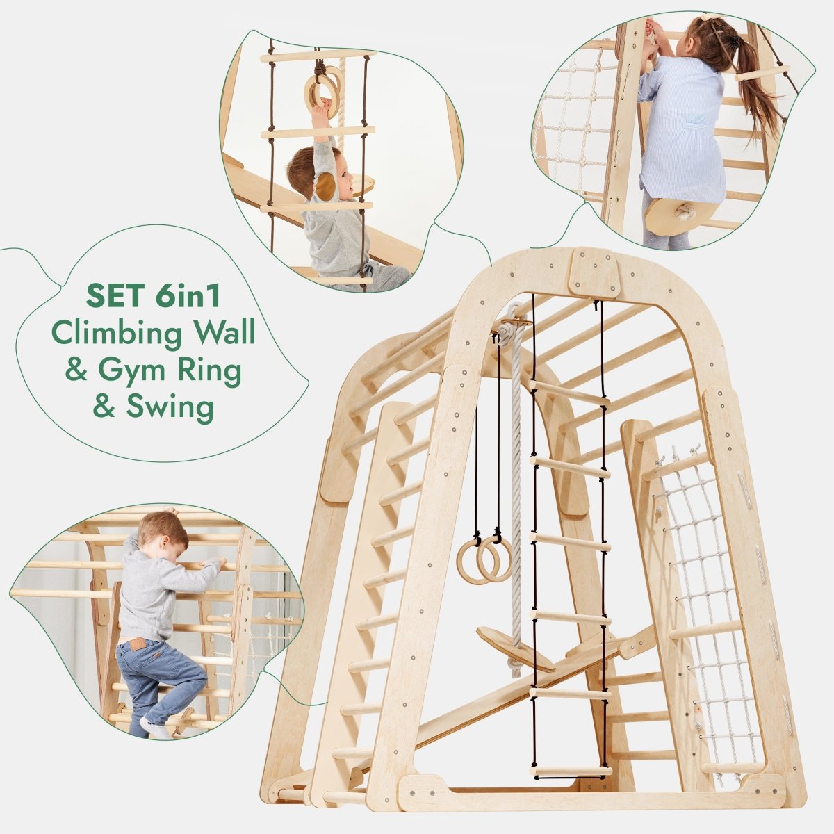 Aire de jeux intérieure en bois pour enfants - Aire de jeux 6 en 1 + balançoires + toboggan