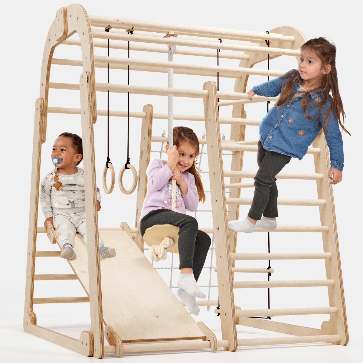 Aire de jeux intérieure en bois pour enfants - Aire de jeux 6 en 1 + balançoires + toboggan