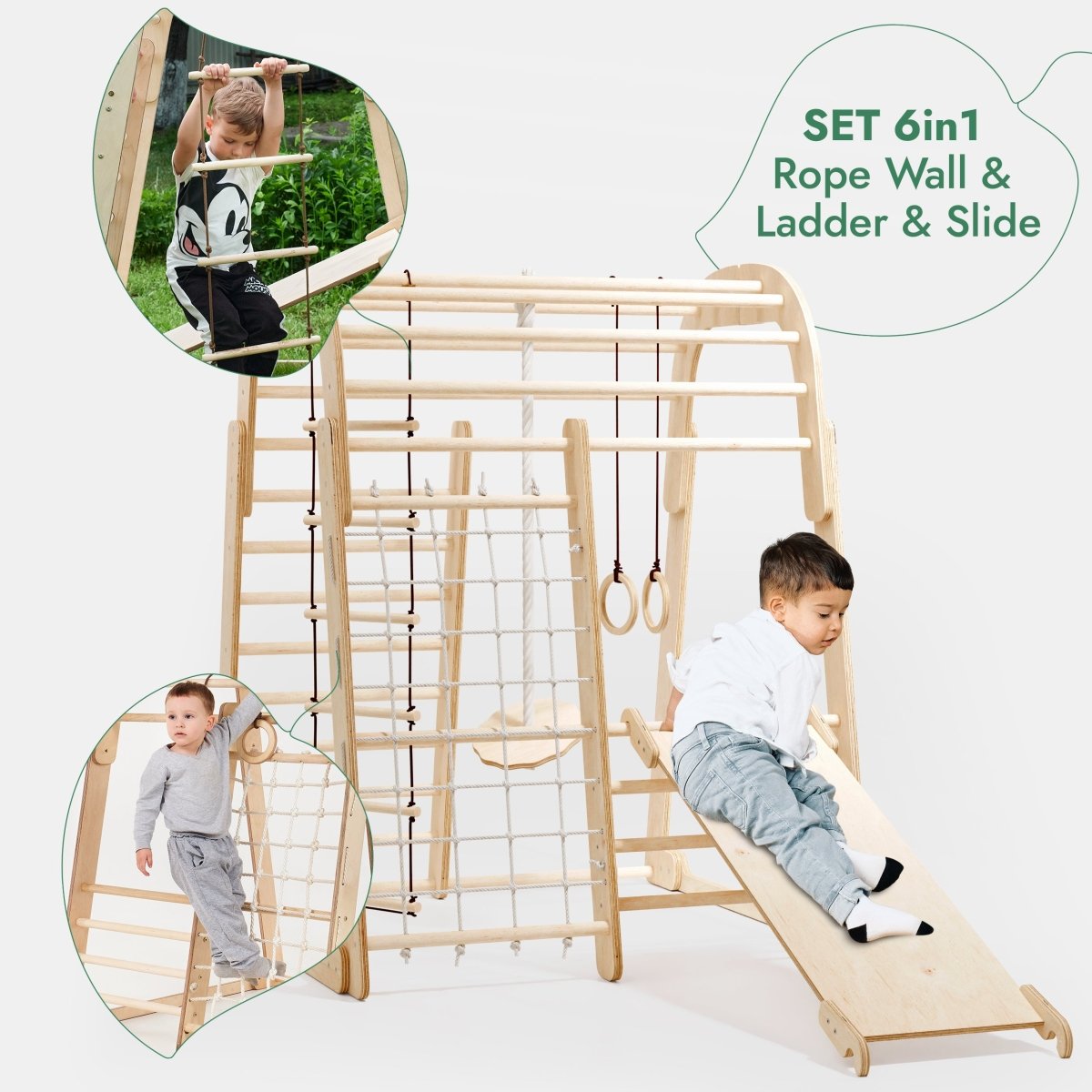 Aire de jeux intérieure en bois pour enfants - Aire de jeux 6 en 1 + balançoires + toboggan