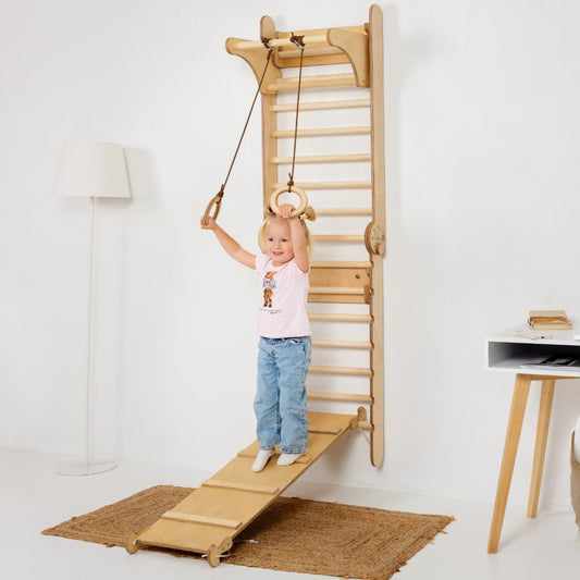 3en1 : Mur suédois en bois / Échelle d'escalade pour enfants + Balançoire + Planche toboggan