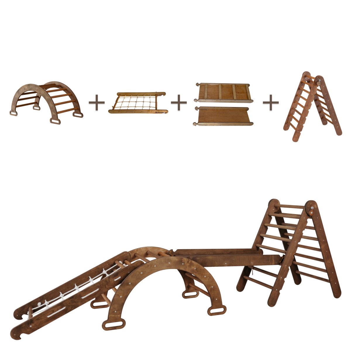 4in1 Montessori Climbing Frame Set: Triangle Ladder + Arch/Rocker + Slide Board/Ramp + Netting rope