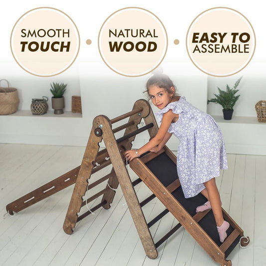 Ensemble d'escalade Montessori 4 en 1 : Échelle triangulaire + Arche/Bascule + Planche toboggan/Rampe + Filet – Chocolat