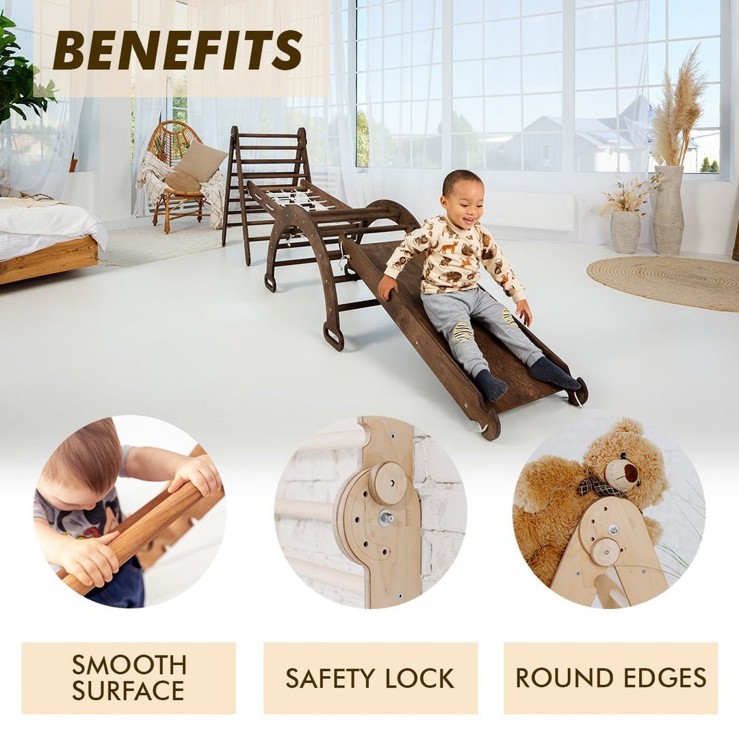 Ensemble d'escalade Montessori 4 en 1 : Échelle triangulaire + Arche/Bascule + Planche toboggan/Rampe + Filet – Chocolat