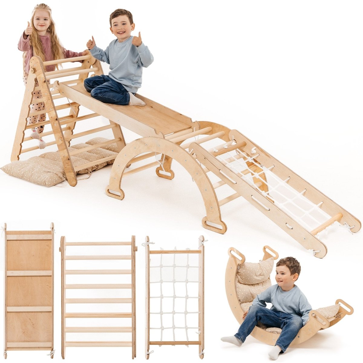 Ensemble de structure d'escalade Montessori 5 en 1 : échelle triangulaire + arche/bascule + planche/rampe coulissante + corde filet + coussin