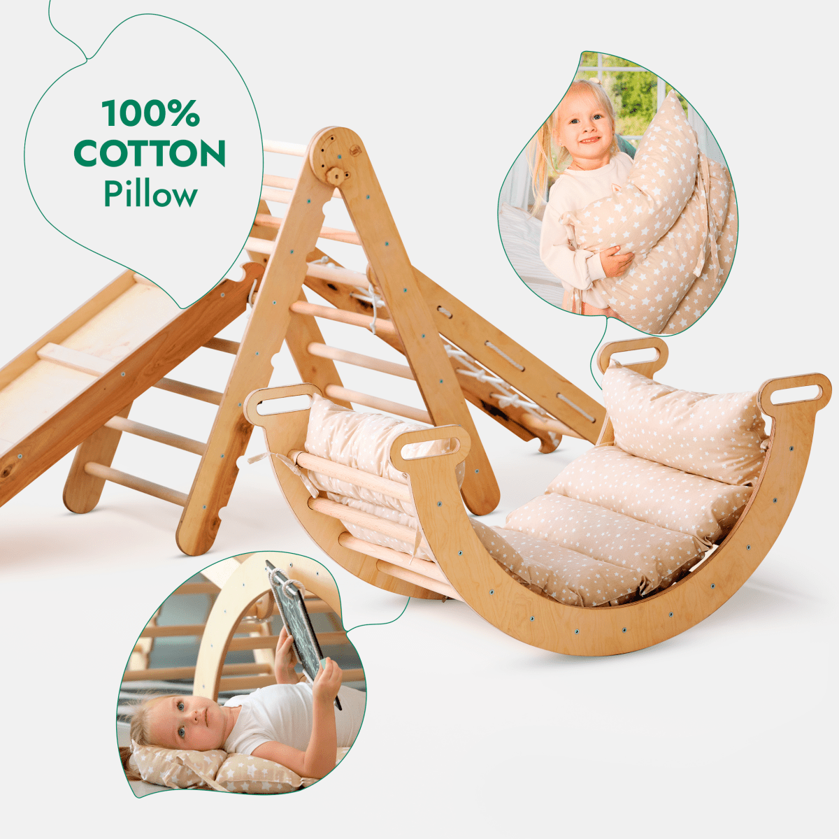 Ensemble de structure d'escalade Montessori 5 en 1 : échelle triangulaire + arche/bascule + planche/rampe coulissante + corde filet + coussin