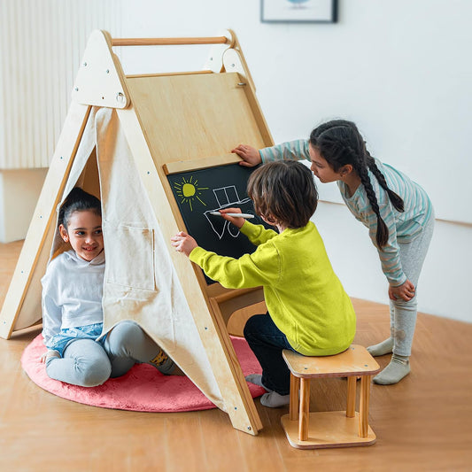 Chêne – Tente d'apprentissage et d'escalade en bois avec bureau et chaise par Avenlur