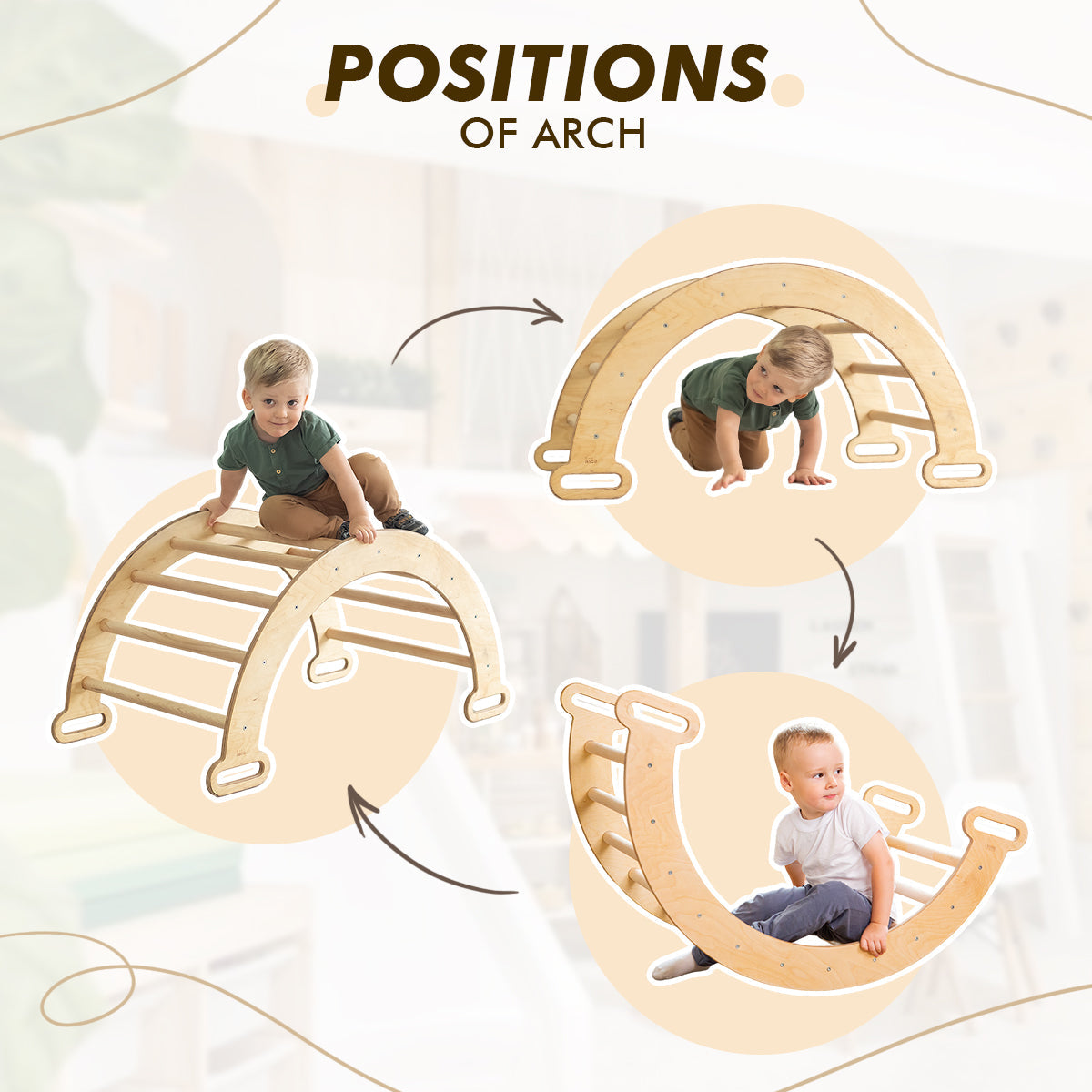 Ensemble d'escalade Montessori 4 en 1 : échelle triangulaire + arche/bascule + planche/rampe coulissante + filet d'escalade – Beige