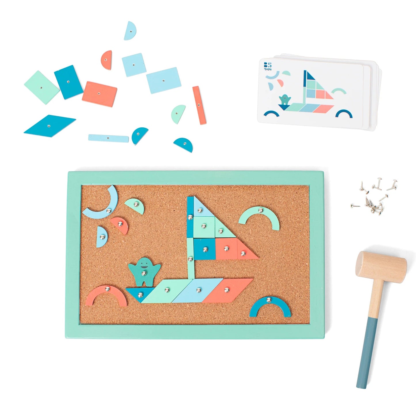 Children's geometric shape puzzle with a wooden hammer on a white background