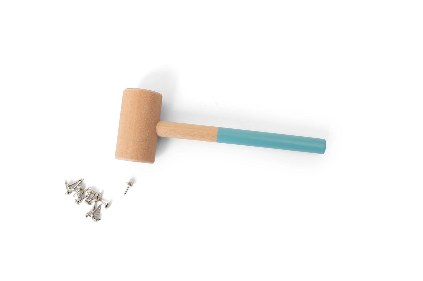 Wooden mallet with a blue handle and nails on a white background