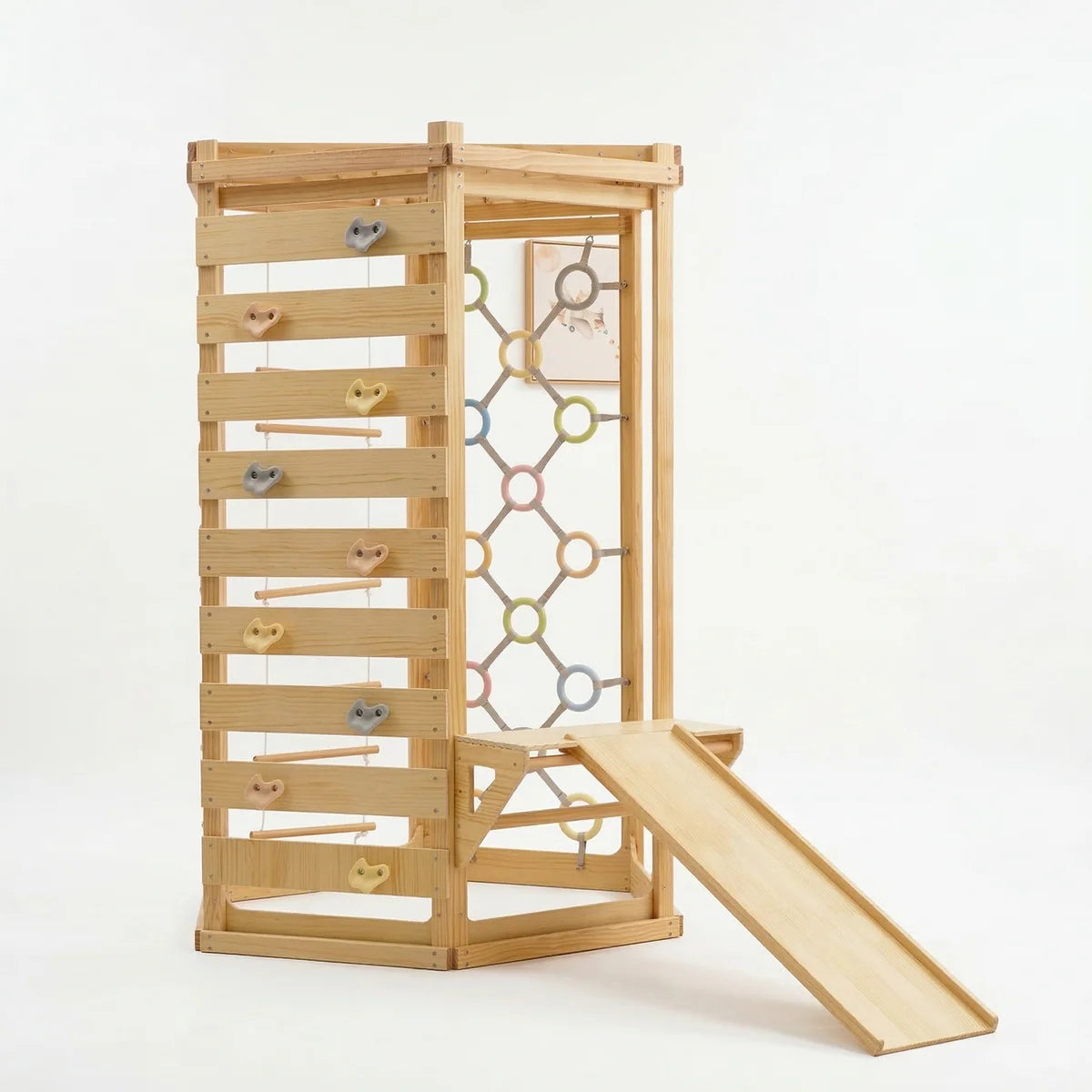 Hawthorn Indoor Playground: 93" Montessori Climbing Gym with Slide & Rope Net by Avenlur