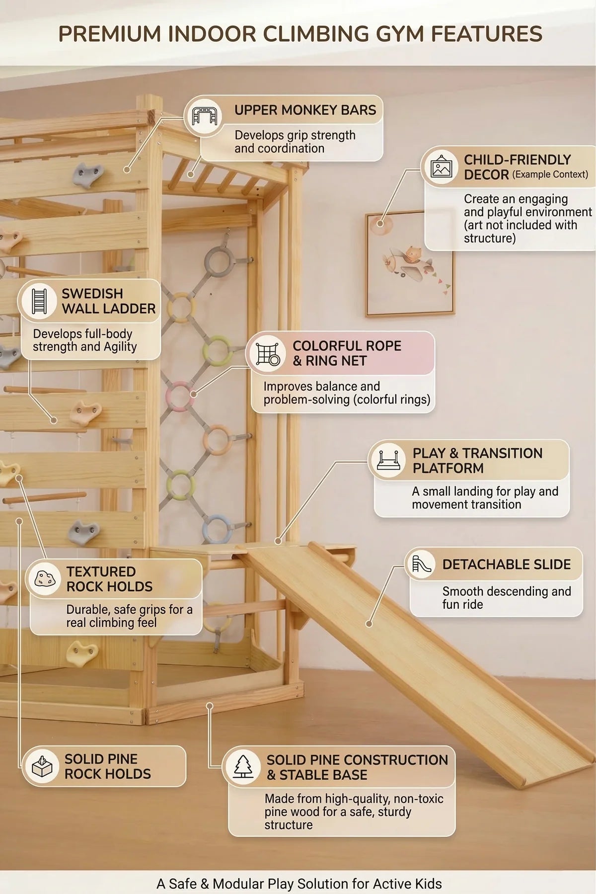 Hawthorn Indoor Playground: 93" Montessori Climbing Gym with Slide & Rope Net by Avenlur