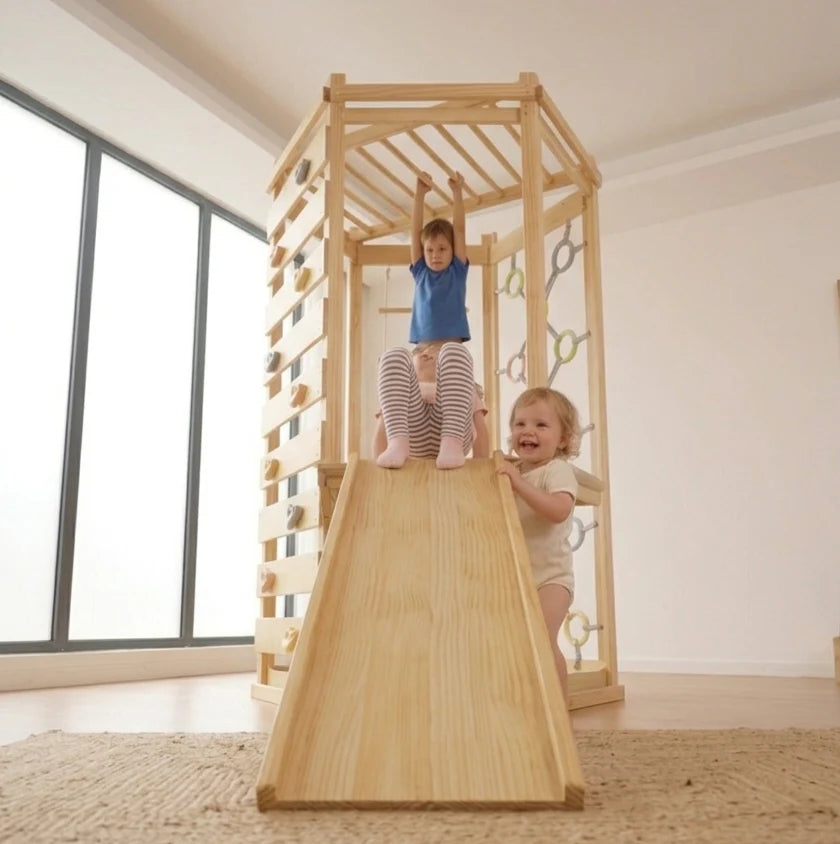 Hawthorn Indoor Playground: 93" Montessori Climbing Gym with Slide & Rope Net by Avenlur