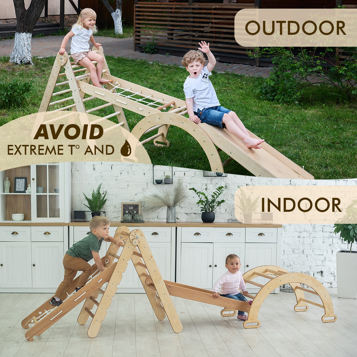 Ensemble de structure d'escalade Montessori 5 en 1 : échelle triangulaire + arche/bascule + planche/rampe coulissante + corde filet + coussin