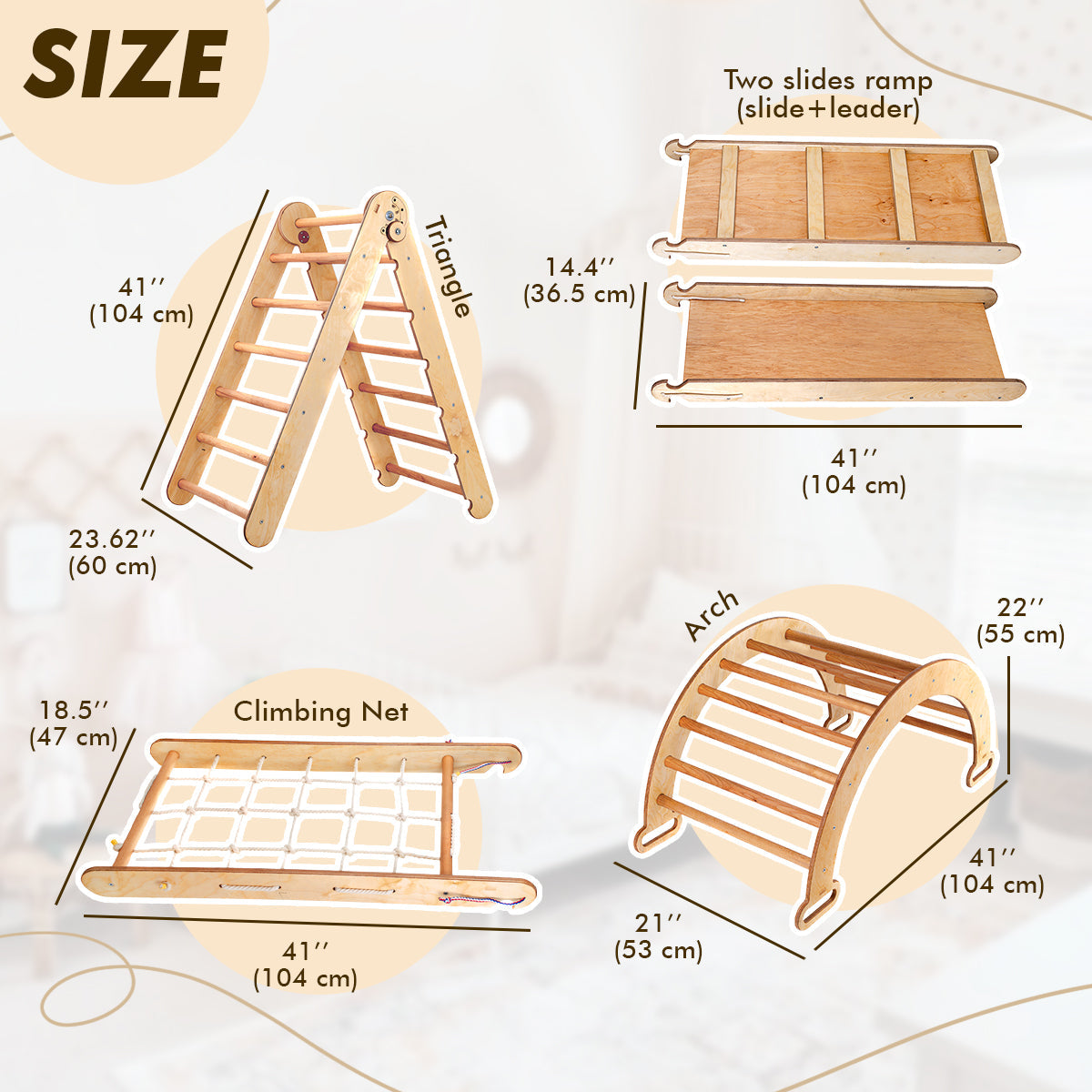 Ensemble de structure d'escalade Montessori 5 en 1 : échelle triangulaire + arche/bascule + planche/rampe coulissante + corde filet + coussin