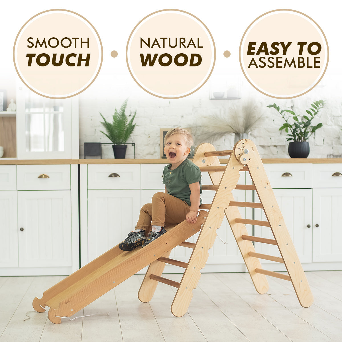 Ensemble d'escalade Montessori 4 en 1 : échelle triangulaire + arche/bascule + planche/rampe coulissante + filet d'escalade – Beige