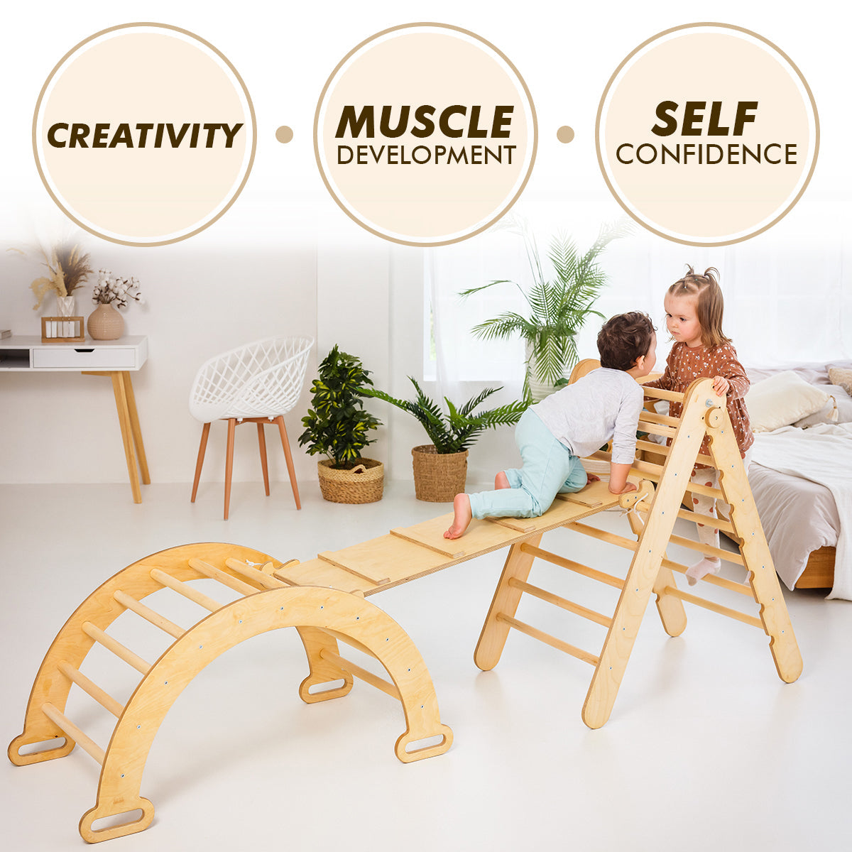 Ensemble d'escalade Montessori 4 en 1 : échelle triangulaire + arche d'escalade + planche à toboggan + coussin beige