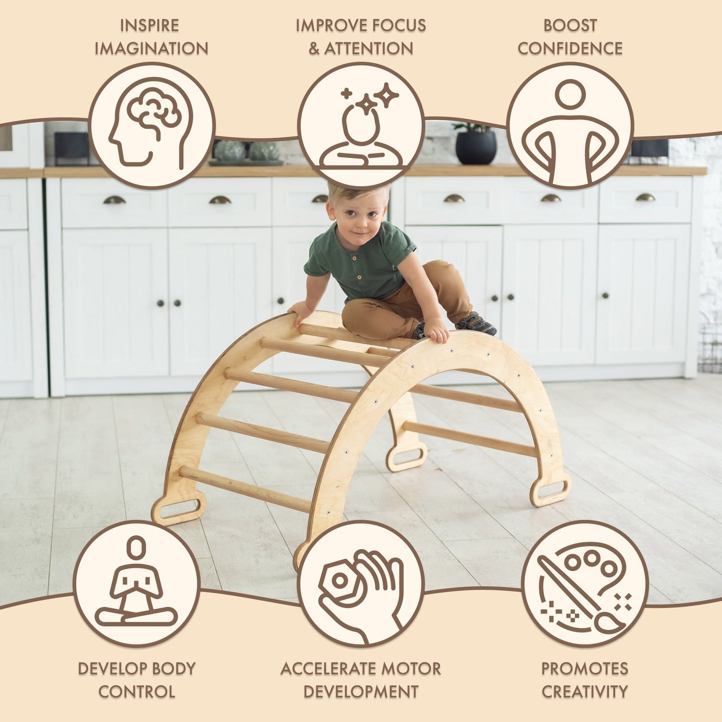 Arche d'escalade et balance à bascule - Grimpeurs Montessori pour enfants de 1 à 7 ans - Beige