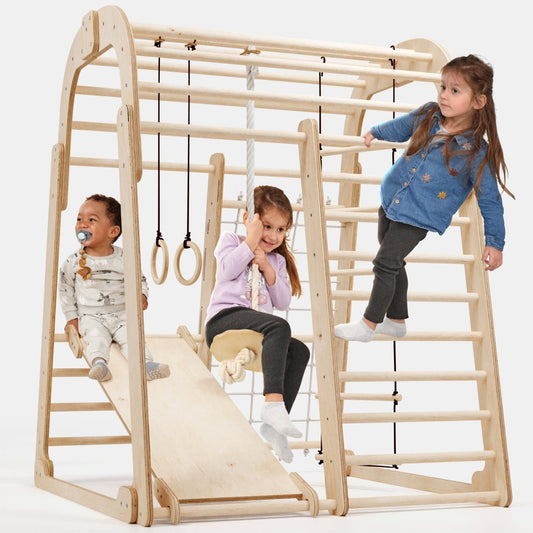 Aire de jeux intérieure en bois pour enfants - Aire de jeux 6 en 1 + balançoires + toboggan