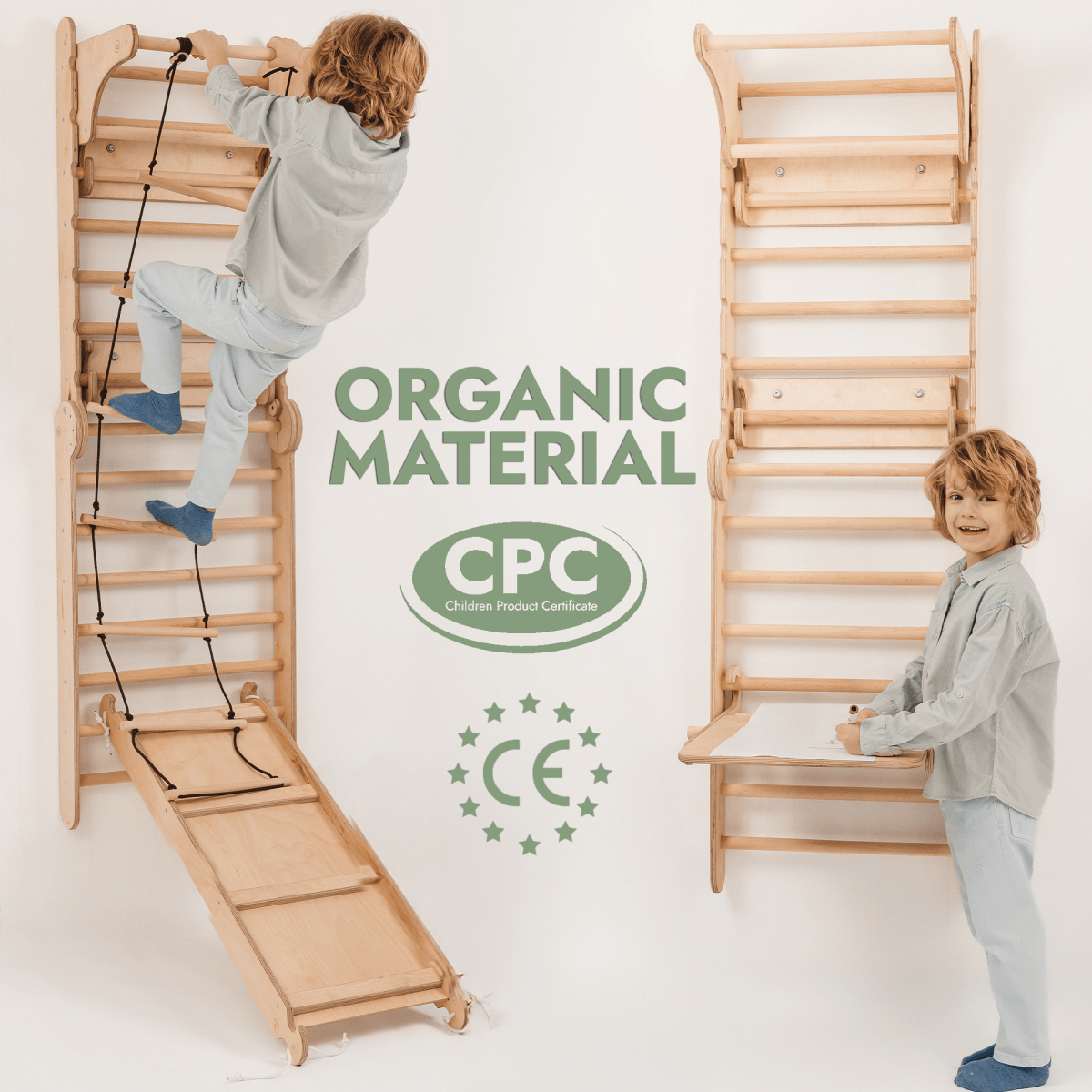 Wooden Swedish Wall 7in1/ Climbing ladder for Children + Swing Set + Slide Board + Art Add-on