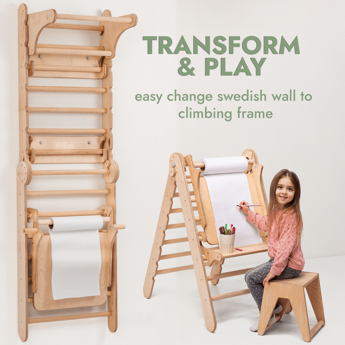 Wooden Swedish Wall 7in1/ Climbing ladder for Children + Swing Set + Slide Board + Art Add-on