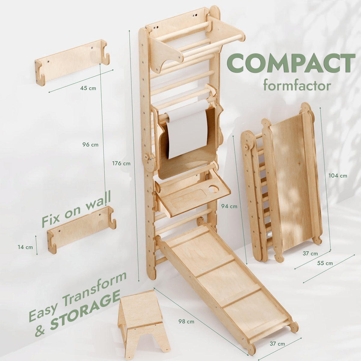 5 en 1 : Mur suédois en bois / Échelle d'escalade pour enfants + Balançoire + Planche toboggan + Complément artistique