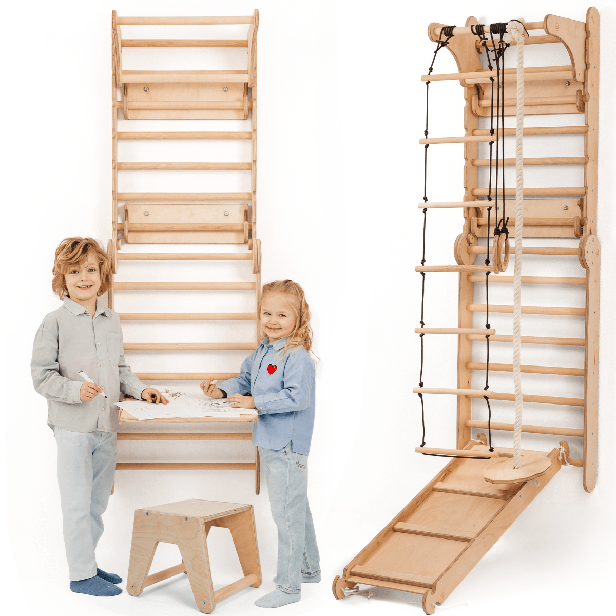 5 en 1 : Mur suédois en bois / Échelle d'escalade pour enfants + Balançoire + Planche toboggan + Complément artistique
