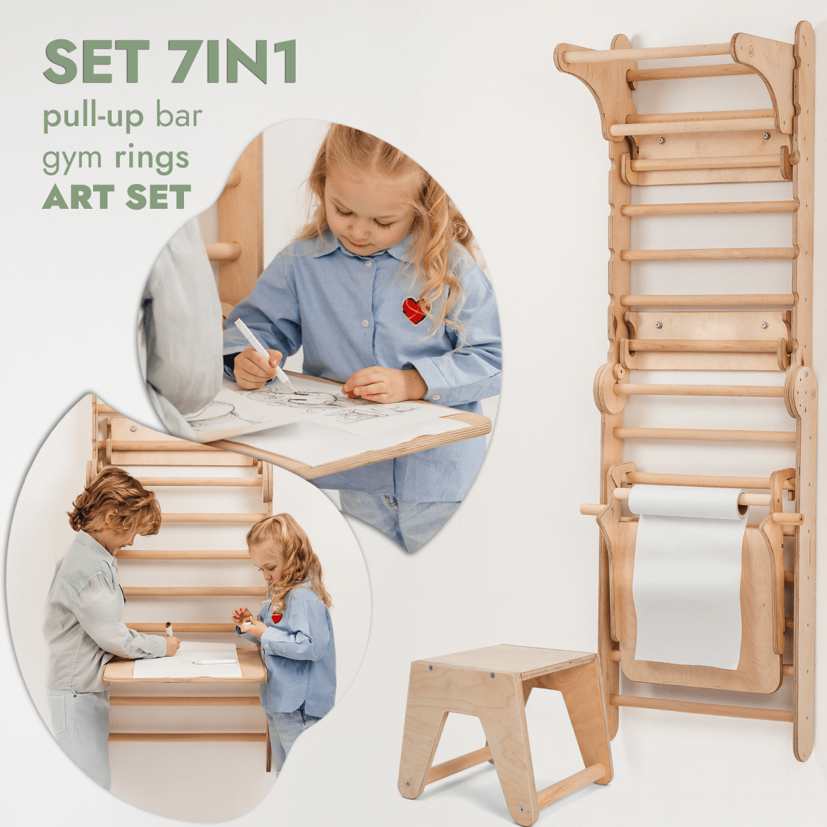 5 en 1 : Mur suédois en bois / Échelle d'escalade pour enfants + Balançoire + Planche toboggan + Complément artistique