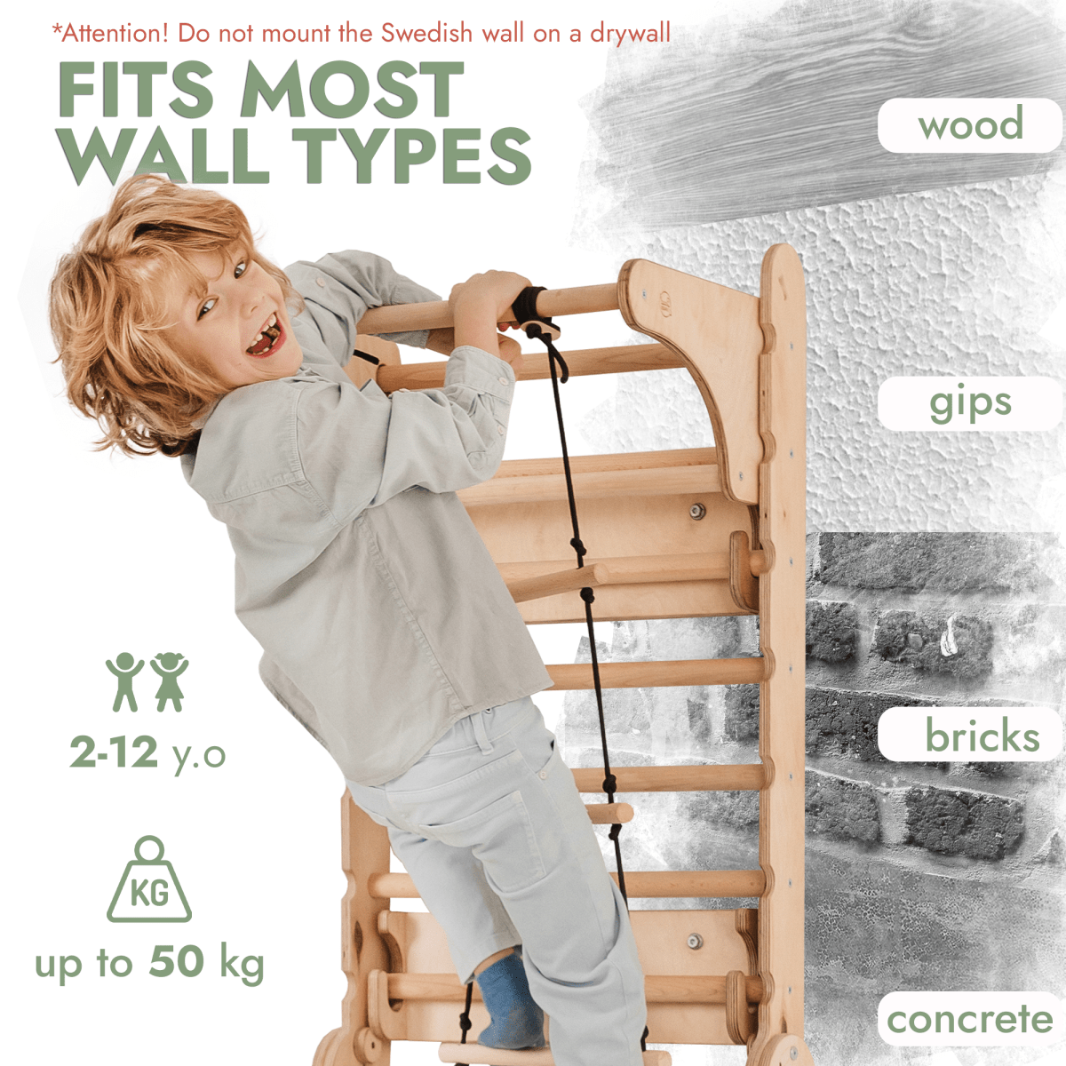 5 en 1 : Mur suédois en bois / Échelle d'escalade pour enfants + Balançoire + Planche toboggan + Complément artistique